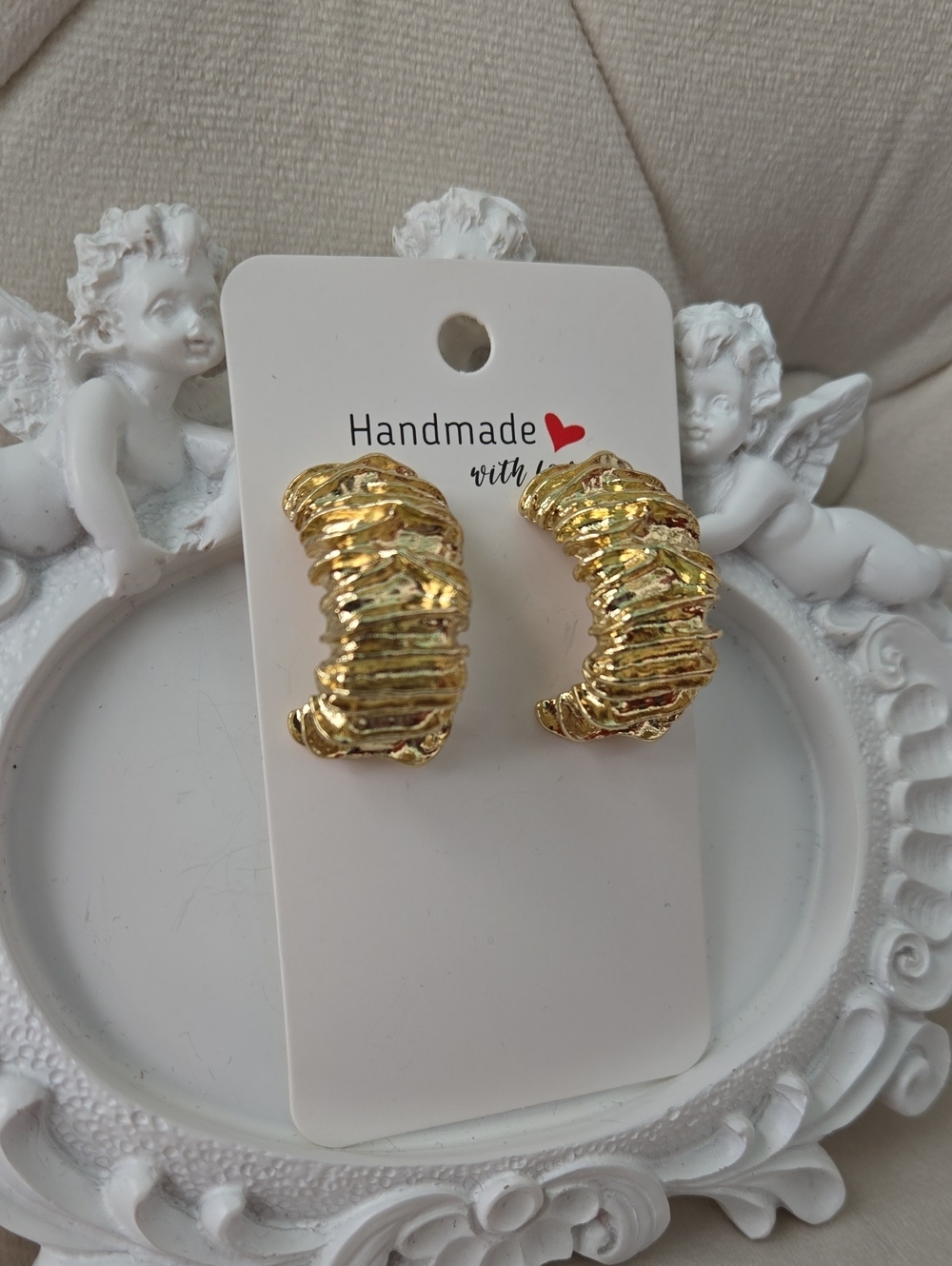 Handmade Gold Textured Curved Hoop Earrings